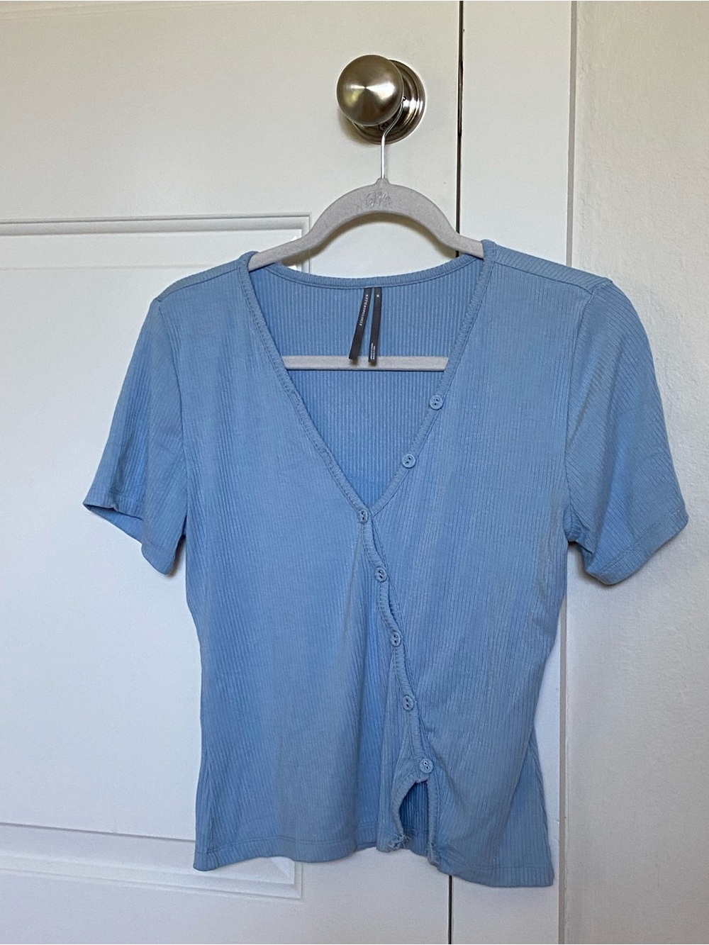 Anthropologie Dusty Blue Ribbed V-Neck Button-Front Tee